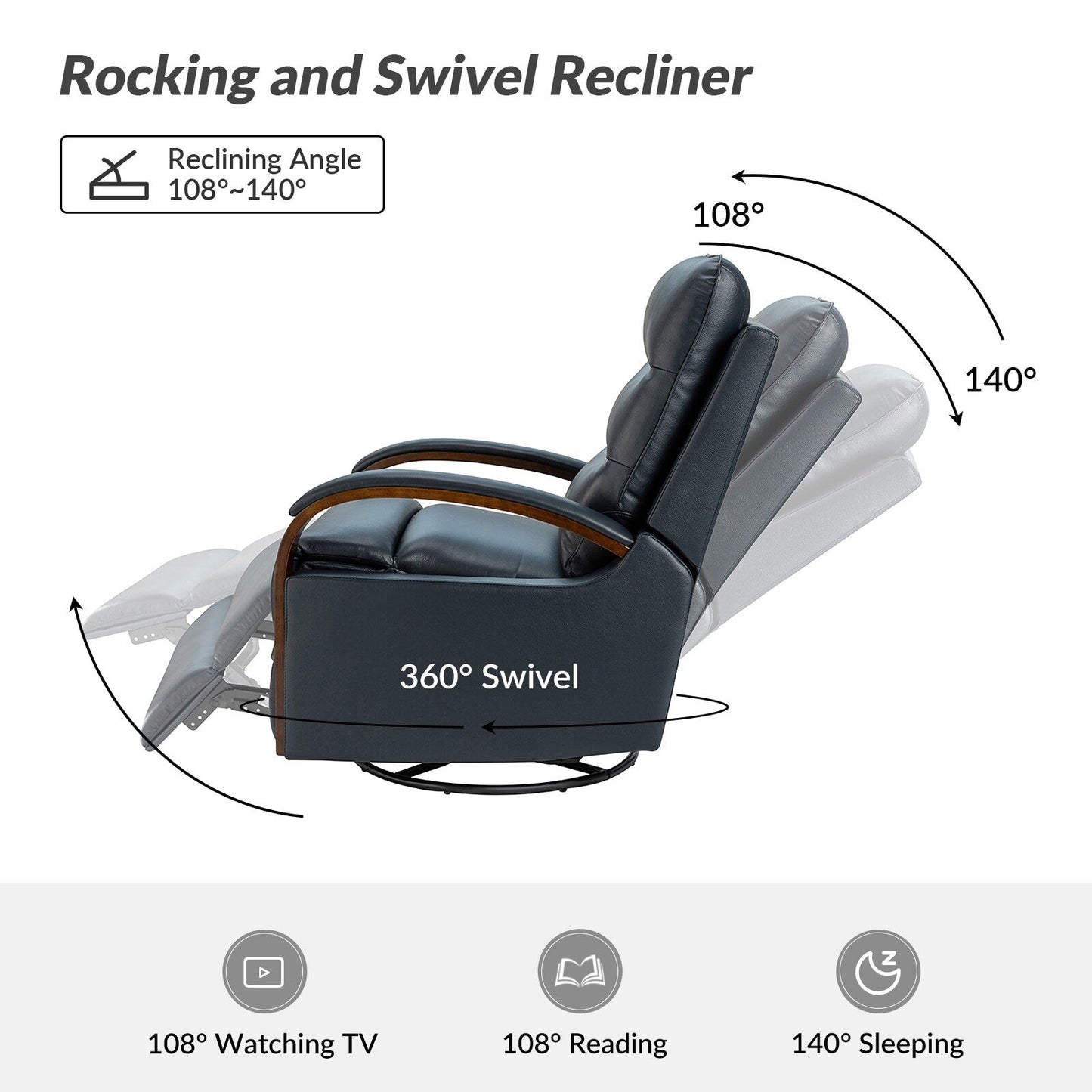 Fauteuil inclinable pivotant à bascule manuel en cuir véritable Leopold avec accoudoirs en bois, lot de 2 par HULALA HOME