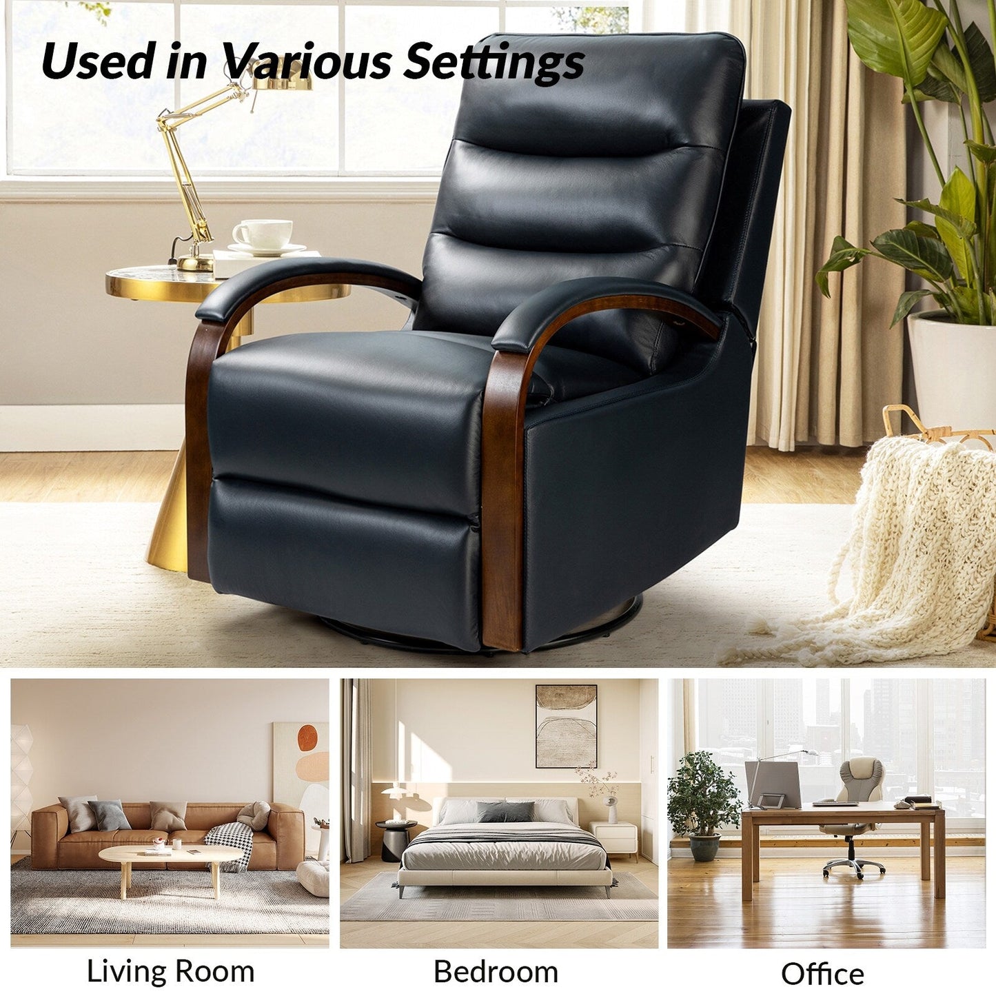 Fauteuil inclinable pivotant à bascule manuel en cuir véritable Leopold avec accoudoirs en bois, lot de 2 par HULALA HOME