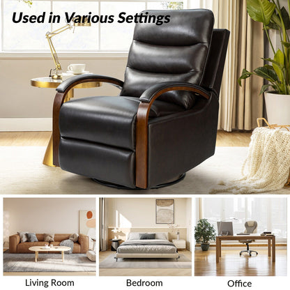 Fauteuil inclinable pivotant à bascule manuel en cuir véritable Leopold avec accoudoirs en bois, lot de 2 par HULALA HOME