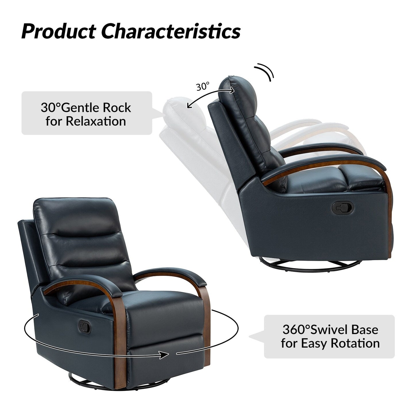 Fauteuil inclinable pivotant à bascule manuel en cuir véritable Leopold avec accoudoirs en bois, lot de 2 par HULALA HOME