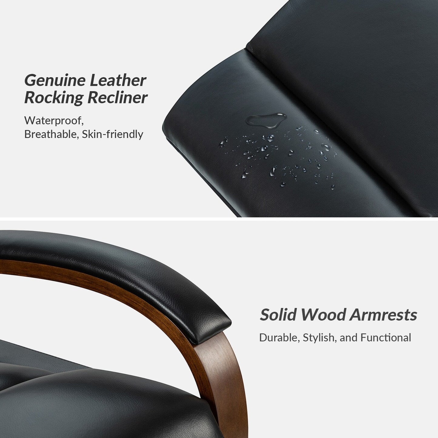 Fauteuil inclinable pivotant à bascule manuel en cuir véritable Leopold avec accoudoirs en bois, lot de 2 par HULALA HOME