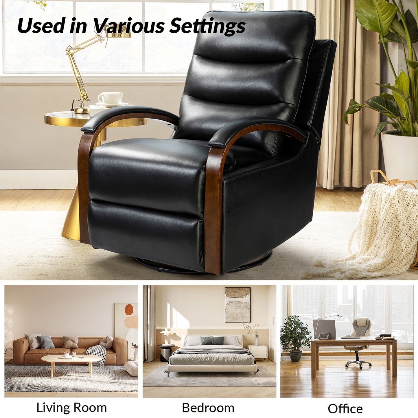 Fauteuil inclinable pivotant à bascule manuel en cuir véritable Leopold avec accoudoirs en bois, lot de 2 par HULALA HOME