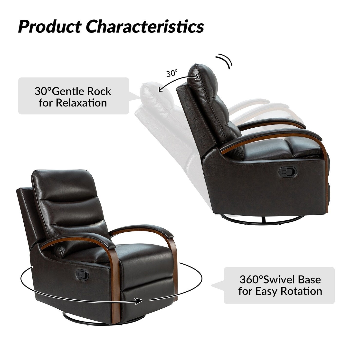 Fauteuil inclinable pivotant à bascule manuel en cuir véritable Leopold avec accoudoirs en bois, lot de 2 par HULALA HOME