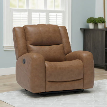 Fauteuil inclinable manuel Leos, accoudoirs profilés, structure en bois, cuir marron