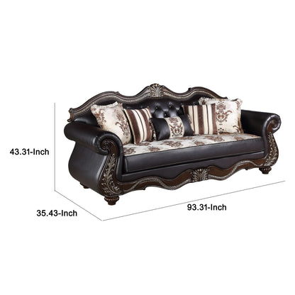 Canapé Liana, similicuir noir, bois massif marron cerisier, 93 pouces