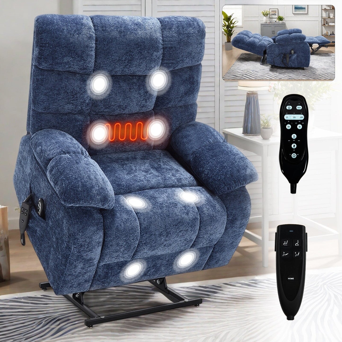 Fauteuil releveur inclinable, massage thermique, double moteur, positions infinies, grand fauteuil électrique releveur inclinable avec télécommande, fermeté moyenne