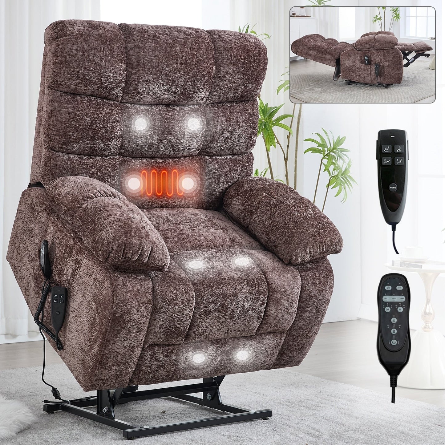 Fauteuil releveur inclinable à massage thermique, double moteur, positions infinies, grand fauteuil releveur électrique inclinable avec télécommande