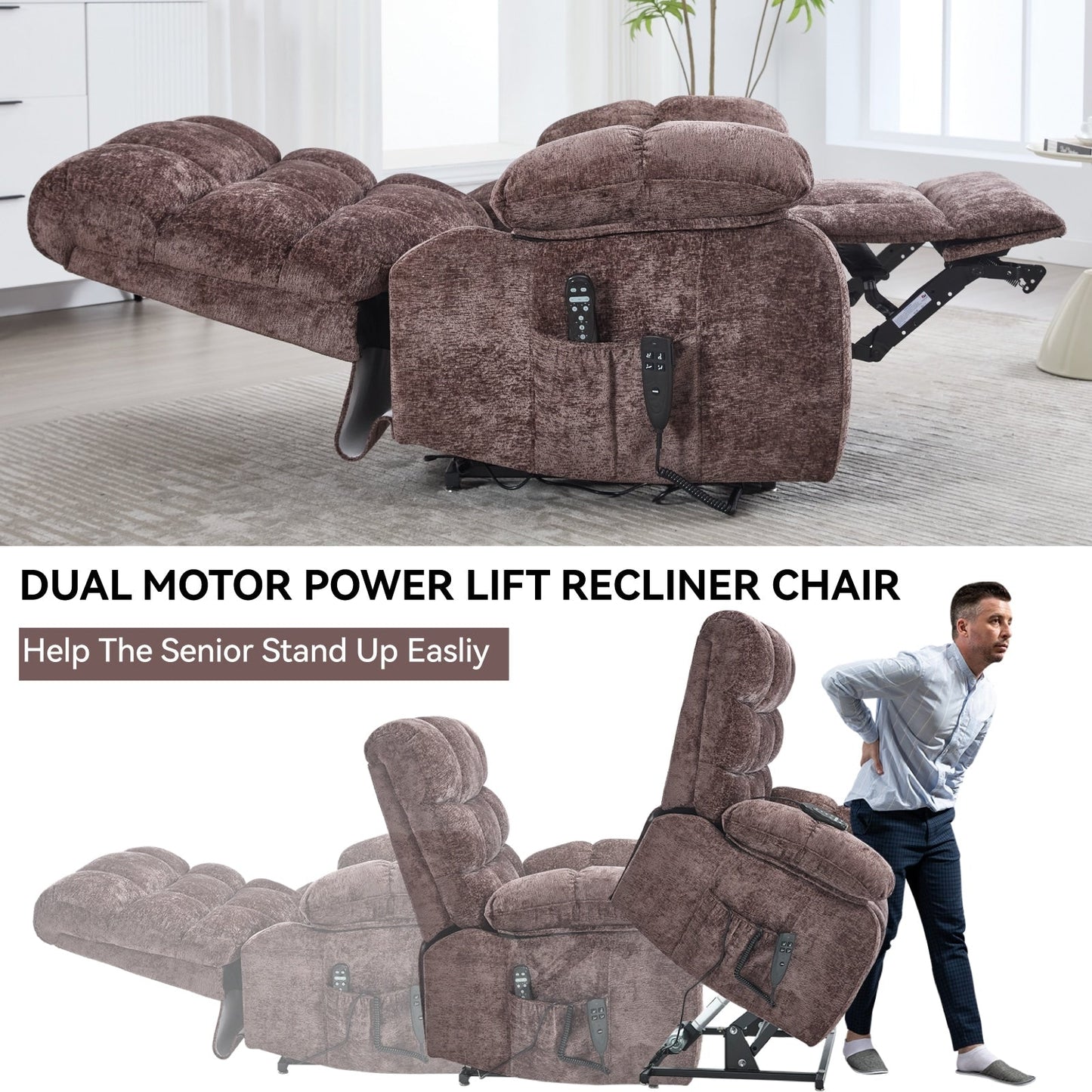 Fauteuil releveur inclinable à massage thermique, double moteur, positions infinies, grand fauteuil releveur électrique inclinable avec télécommande