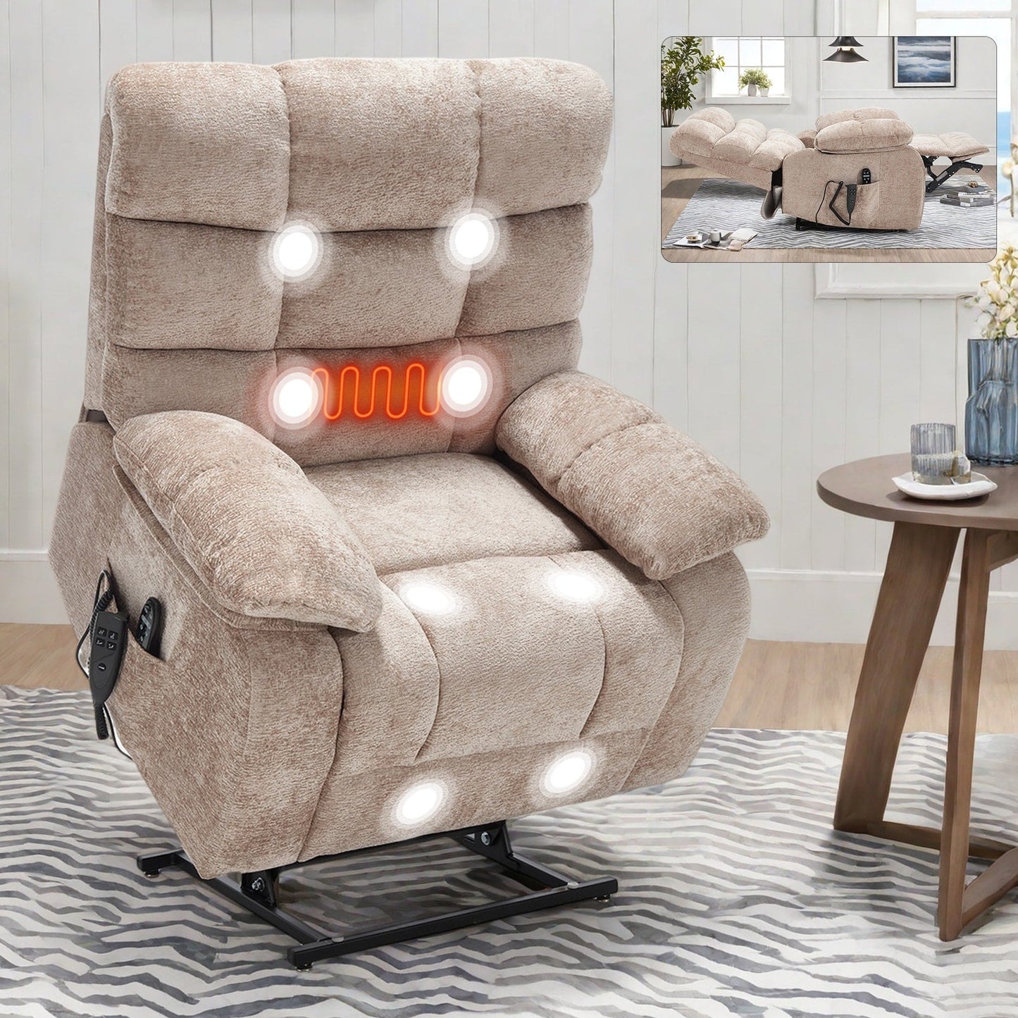 Fauteuil inclinable releveur, massage thermique, double moteur, positions infinies, grands fauteuils inclinables avec télécommande électrique, fermeté moyenne et robuste
