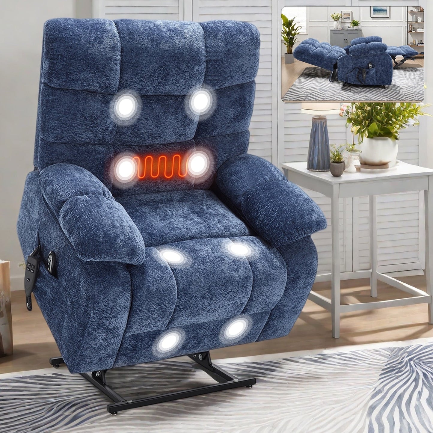 Fauteuil inclinable releveur, massage thermique, double moteur, positions infinies, grands fauteuils inclinables avec télécommande électrique, fermeté moyenne et robuste