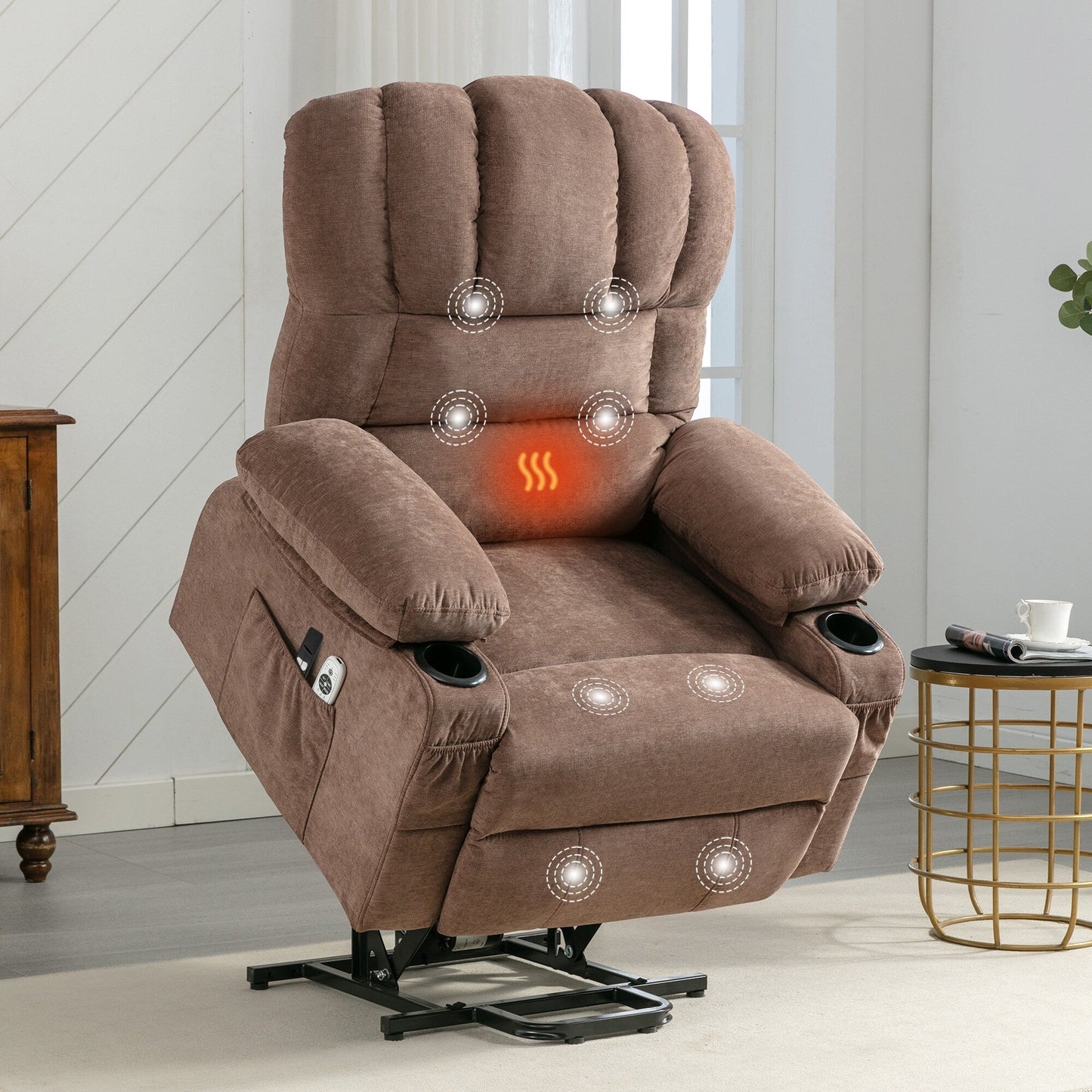 Fauteuil releveur inclinable avec massage et chauffage, USB et télécommande