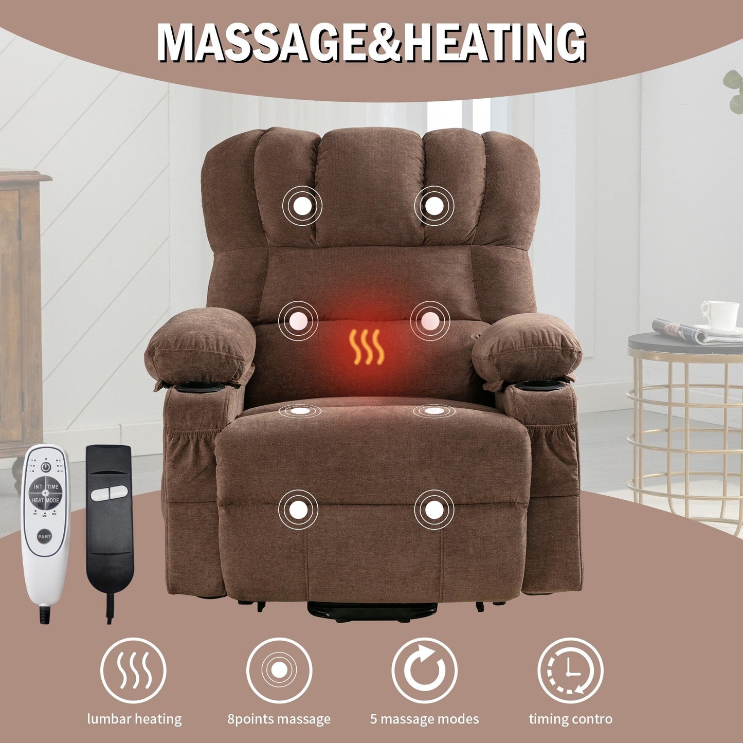 Fauteuil releveur inclinable avec massage et chauffage - Télécommande, port USB, vibration 8 points