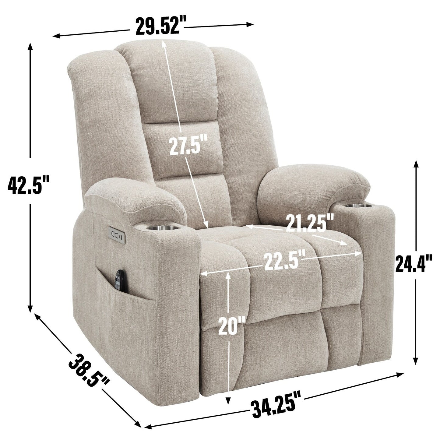 Fauteuil releveur inclinable avec massage et chauffage pour personnes âgées, fauteuils larges et rembourrés, mécanisme de mouvement robuste avec port USB