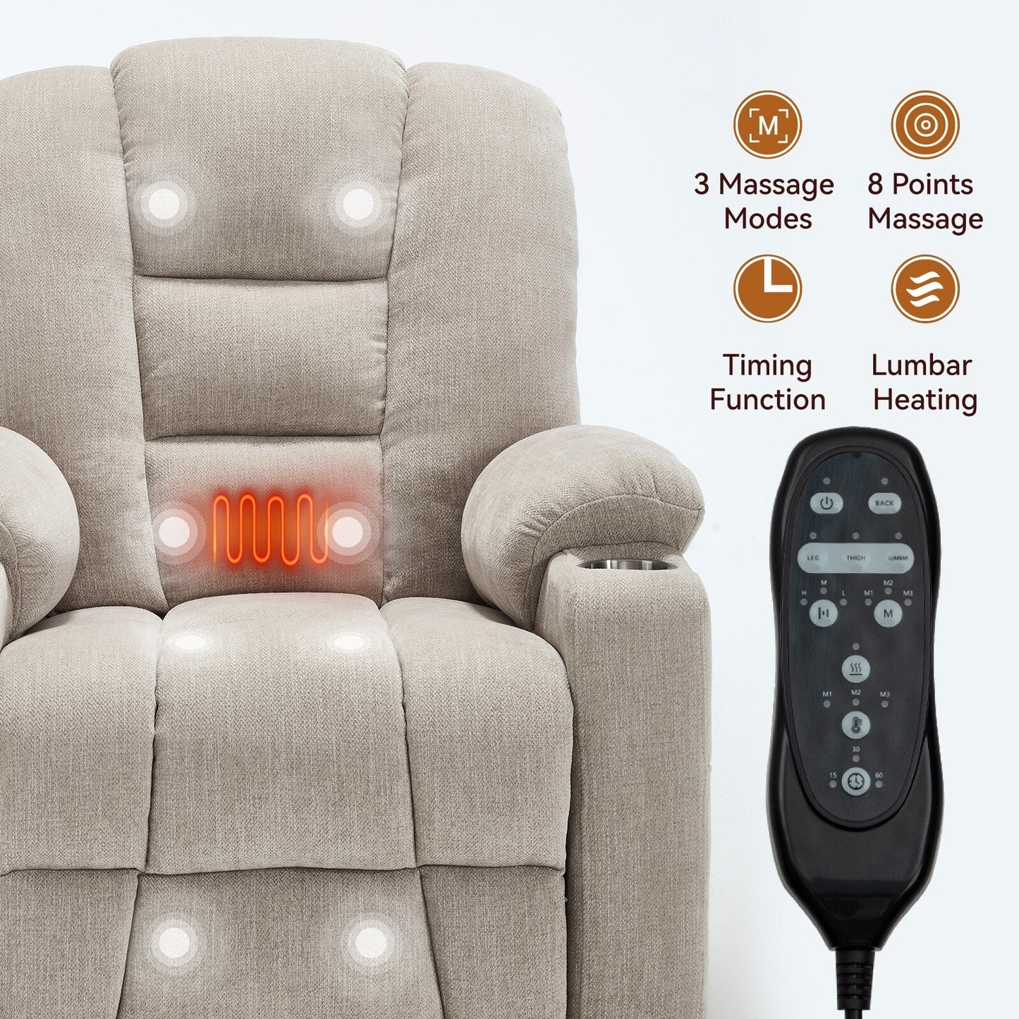 Fauteuil releveur inclinable avec massage et chauffage pour personnes âgées, fauteuils larges et rembourrés, mécanisme de mouvement robuste avec port USB