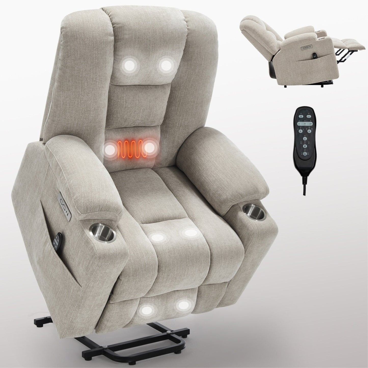 Fauteuil releveur inclinable avec massage et chauffage pour personnes âgées, fauteuils larges et rembourrés, mécanisme de mouvement robuste avec port USB