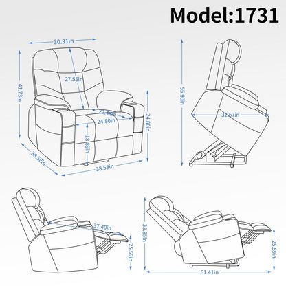 Fauteuil releveur inclinable avec moteur Okin, massage par vibrations à 8 points, chauffage lombaire, ports USB et Type-C et deux porte-gobelets