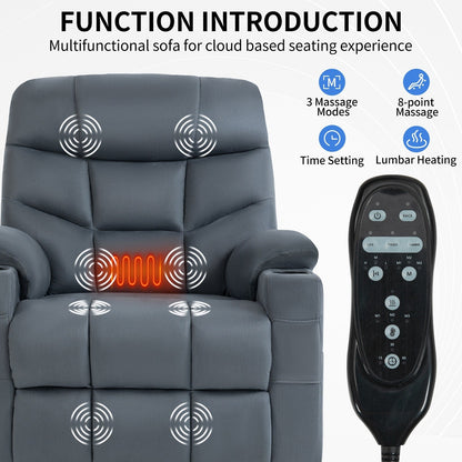 Fauteuil releveur inclinable avec moteur Okin, massage par vibrations à 8 points, chauffage lombaire, ports USB et Type-C et deux porte-gobelets
