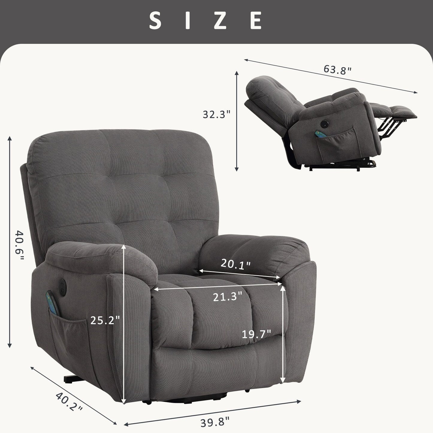 Fauteuil inclinable avec massage par vibration, chauffage, port USB, porte-gobelets dissimulés et fonctions d'inclinaison réglables