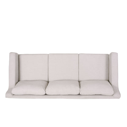 Canapé 3 places en tissu rayé beige clair 79 avec accoudoirs encastrés et jupe pour salon