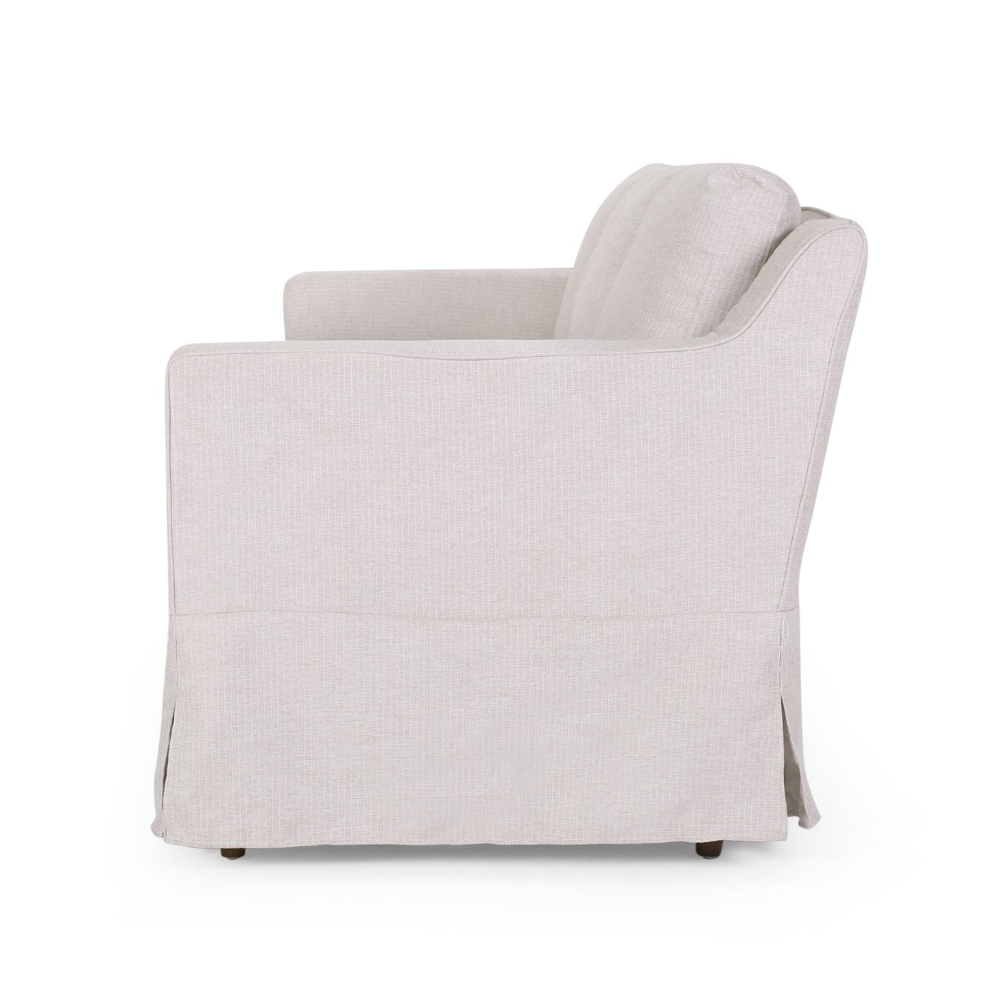Canapé 3 places en tissu rayé beige clair 79 avec accoudoirs encastrés et jupe pour salon