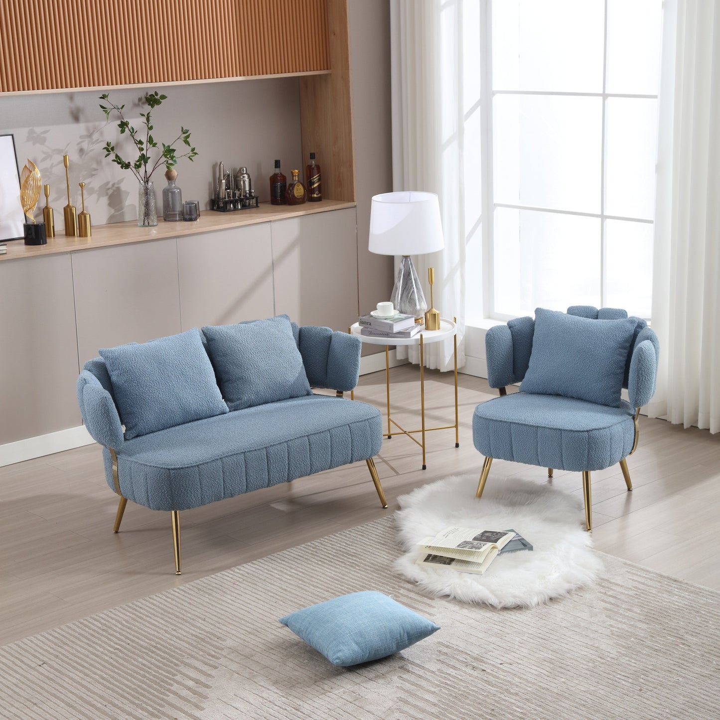 Canapé causeuse rembourré bleu clair moderne 51,97 $ avec cadre en métal et coussins pour le salon