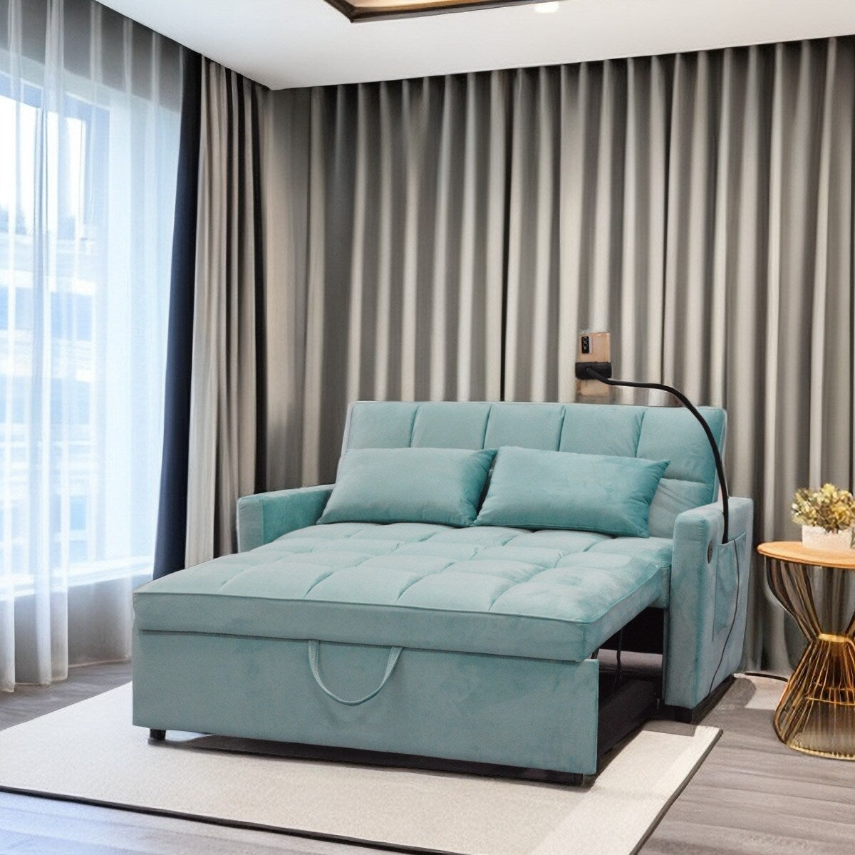 Canapé-lit convertible bleu clair moderne 54,33 avec dossier inclinable et support pour téléphone