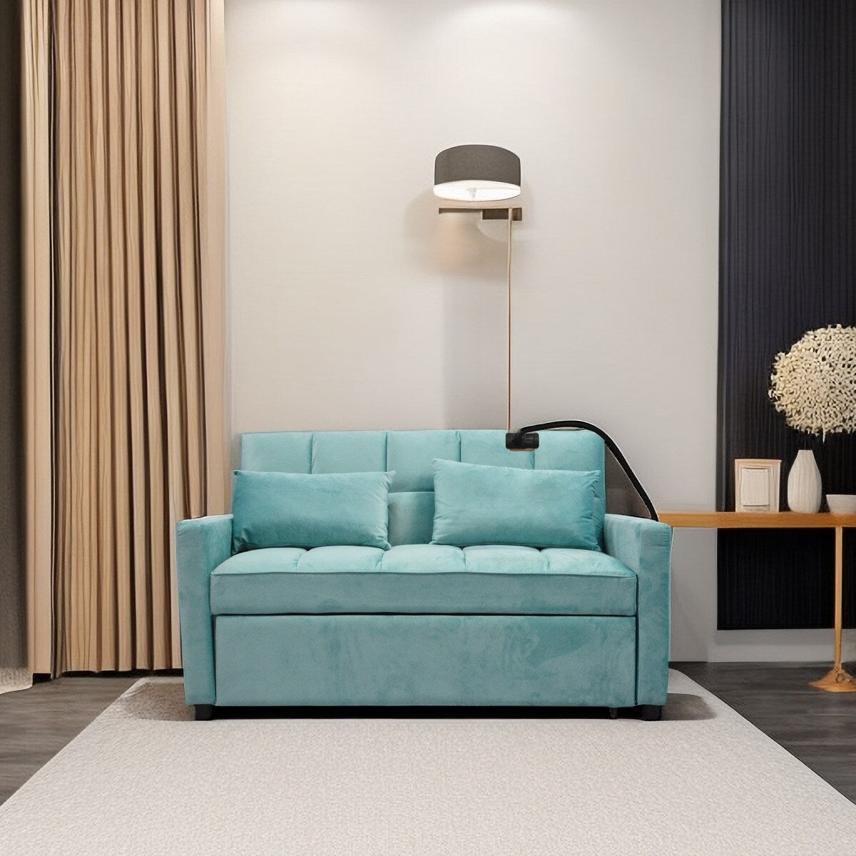 Canapé-lit convertible bleu clair moderne 54,33 avec dossier inclinable et support pour téléphone