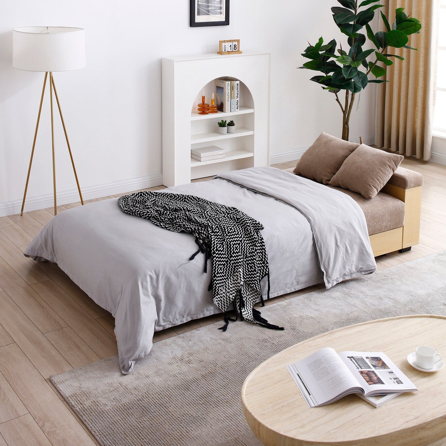 Canapé-lit convertible 3 places en coton et lin marron clair 84,65 € avec pouf de rangement, table rabattable et 2 tiroirs