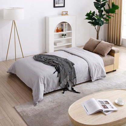 Canapé-lit convertible 3 places en coton et lin marron clair 84,65 € avec pouf de rangement, table rabattable et 2 tiroirs