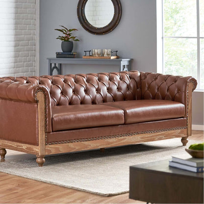 Canapé 3 places Chesterfield marron clair 78,75 en similicuir avec pieds en bois et clous pour le salon