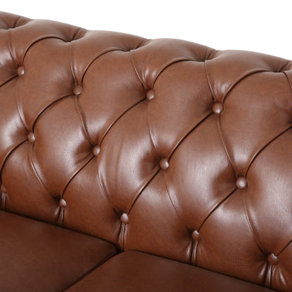 Canapé 3 places Chesterfield marron clair 78,75 en similicuir avec pieds en bois et clous pour le salon