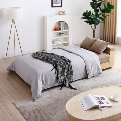 Canapé-lit convertible en coton et lin marron clair avec rangement