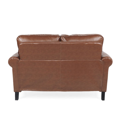 Canapé causeuse en similicuir marron clair avec pieds en bois de bouleau et clous décoratifs