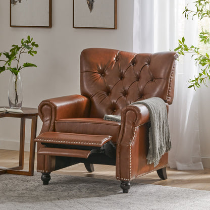 Fauteuil inclinable rembourré en similicuir marron clair avec repose-pieds, dossier capitonné et clous décoratifs