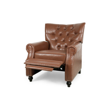 Fauteuil inclinable rembourré en similicuir marron clair avec repose-pieds, dossier capitonné et clous décoratifs