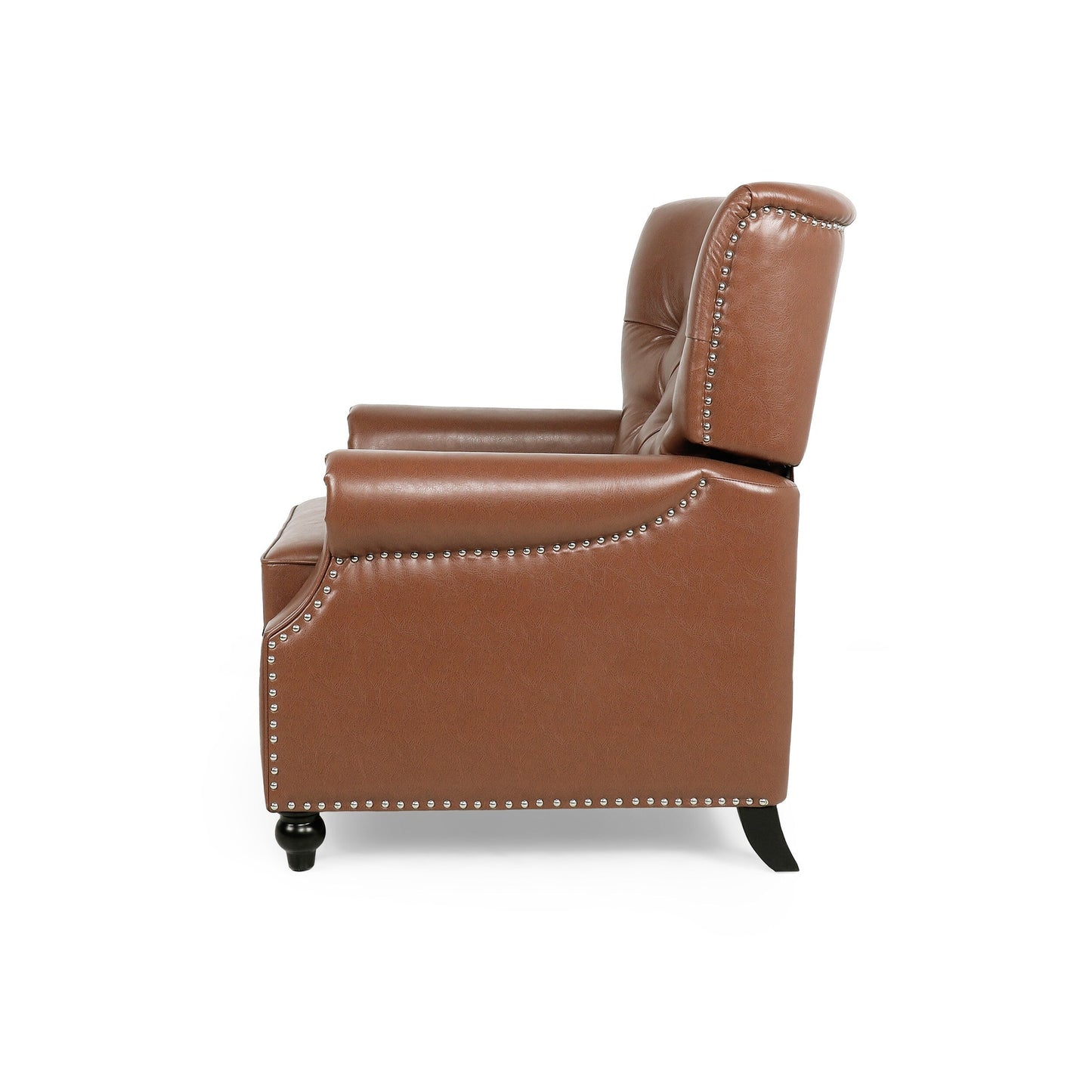 Fauteuil inclinable rembourré en similicuir marron clair avec repose-pieds, dossier capitonné et clous décoratifs