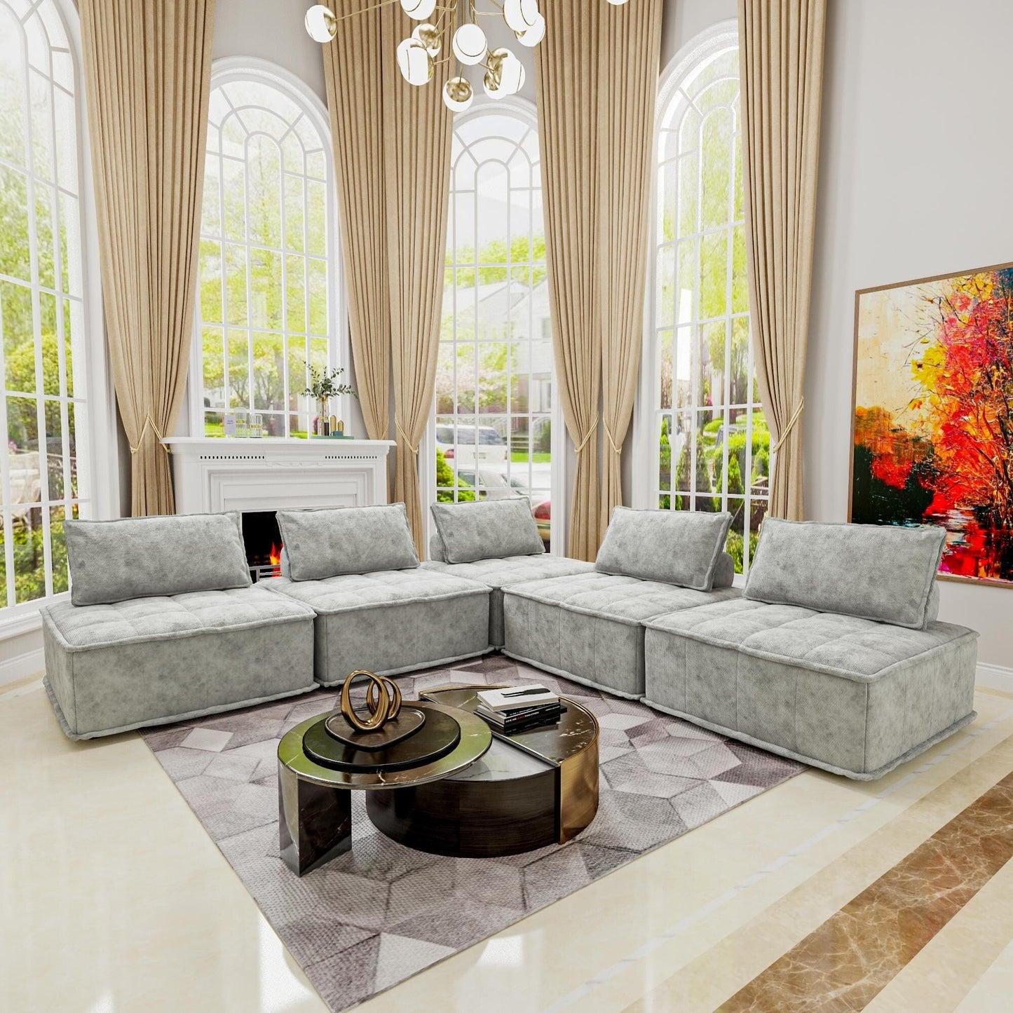 Ensemble de canapés modulaires 5 pièces en chenille gris clair