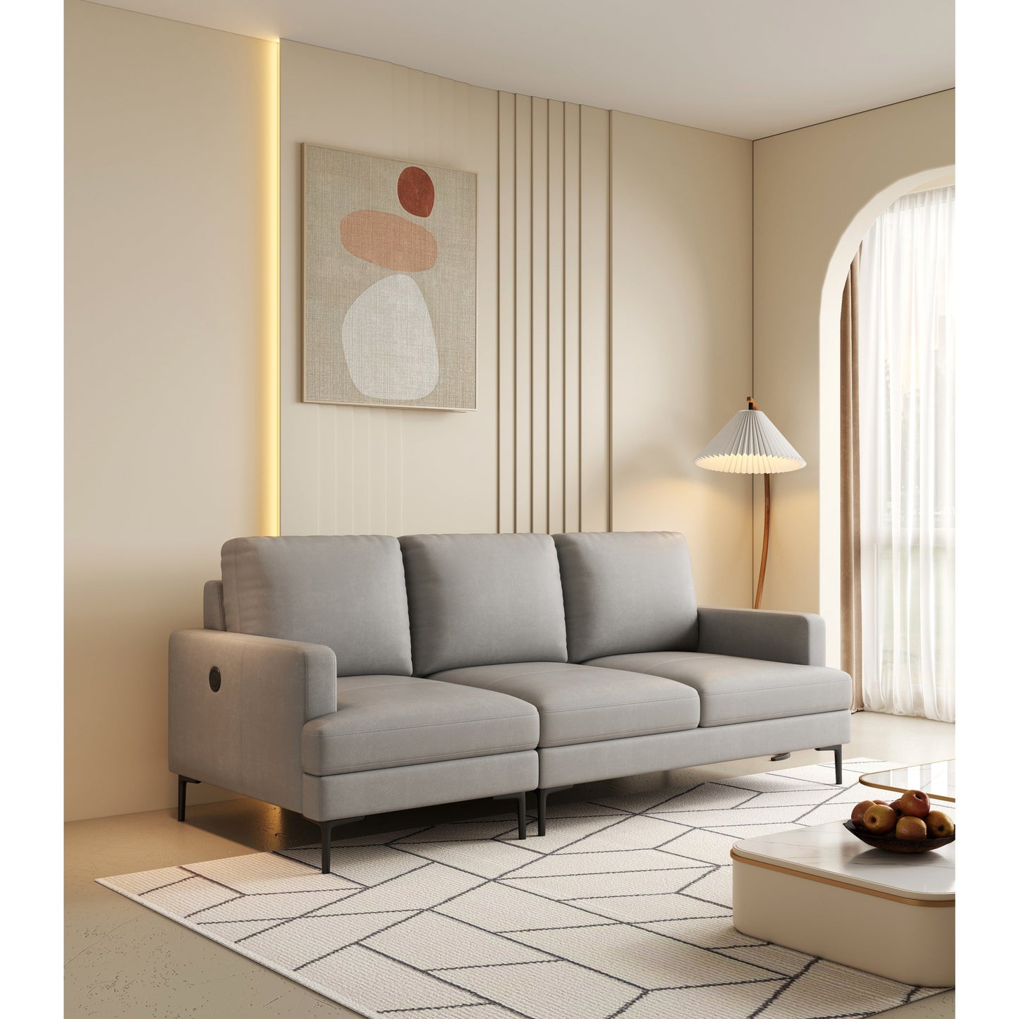 Canapé 3 places en cuir véritable gris clair avec chargeur USB