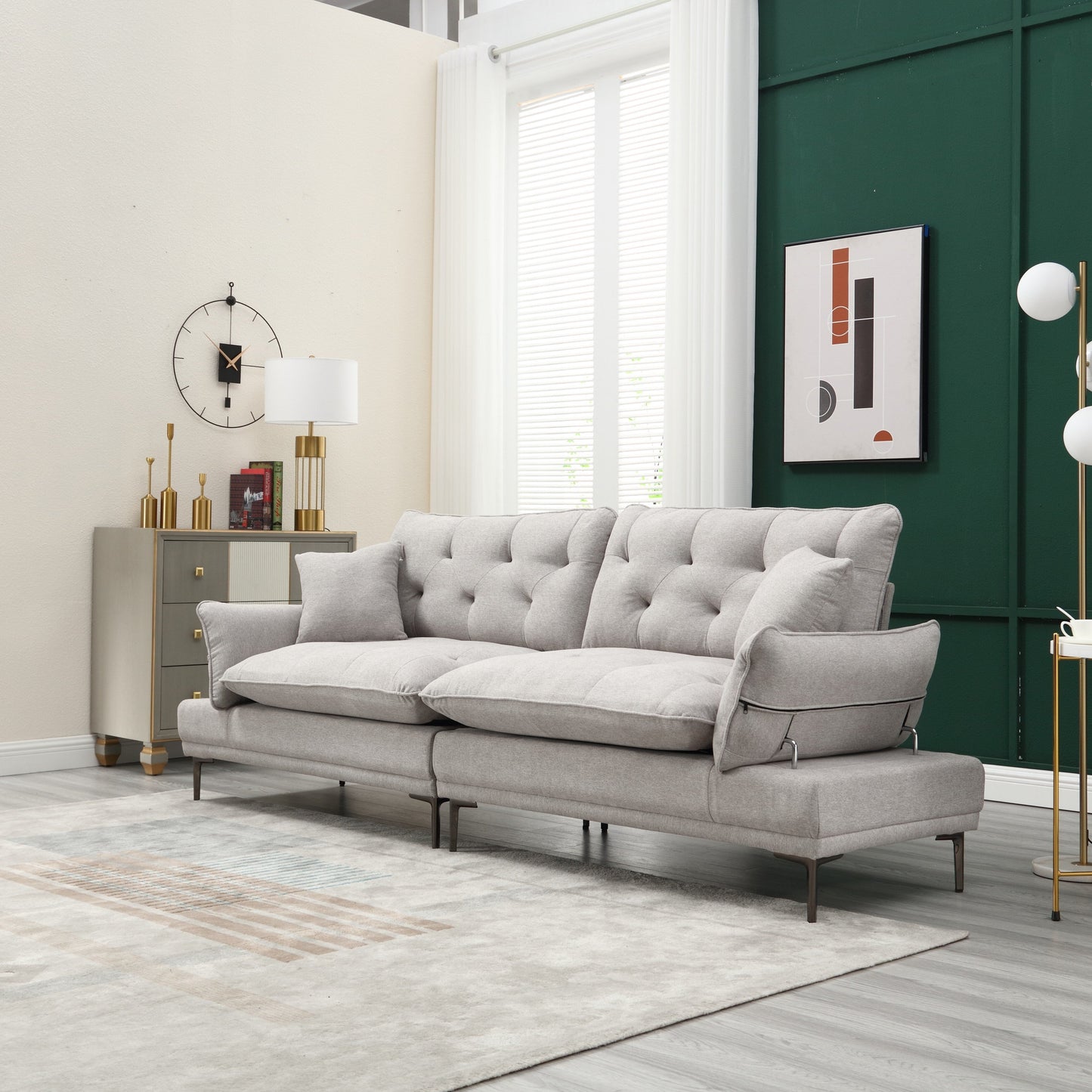 Canapé causeuse en lin gris clair avec accoudoirs réglables