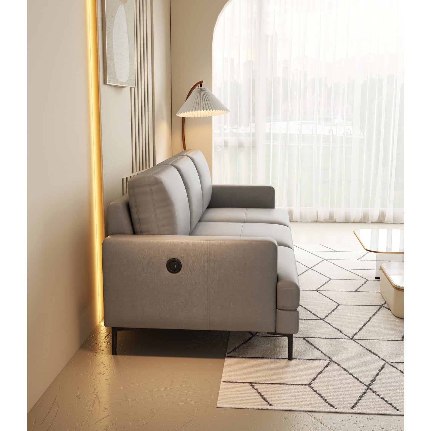 Canapé 3 places en cuir véritable gris clair de luxe 77 pouces avec chargeur USB pour le salon