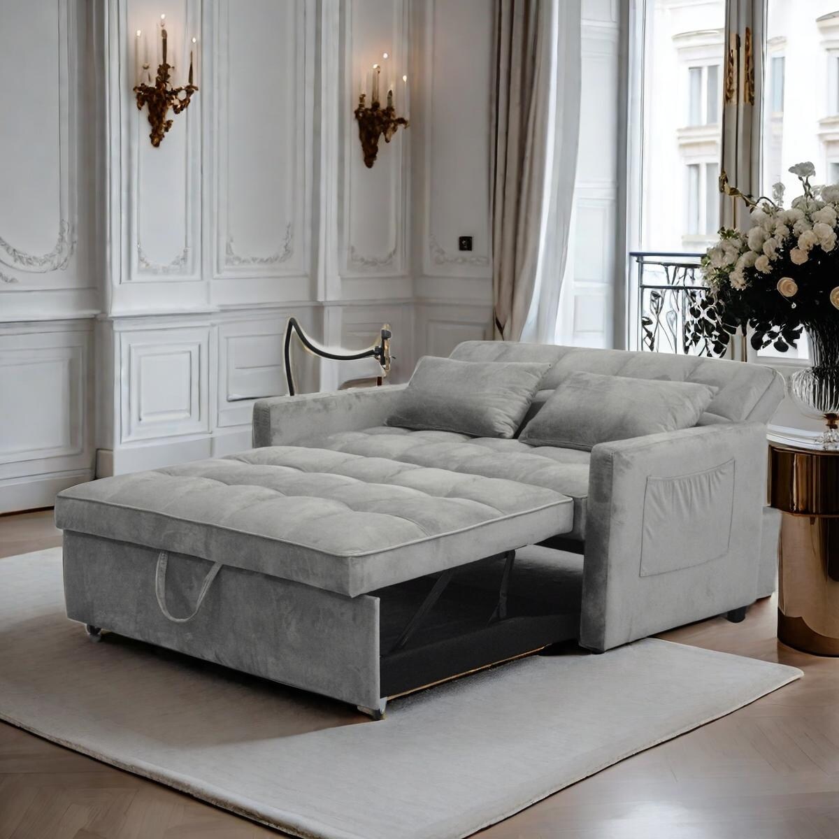 Canapé-lit convertible gris clair moderne 54,33 pouces avec dossier inclinable et support pour téléphone