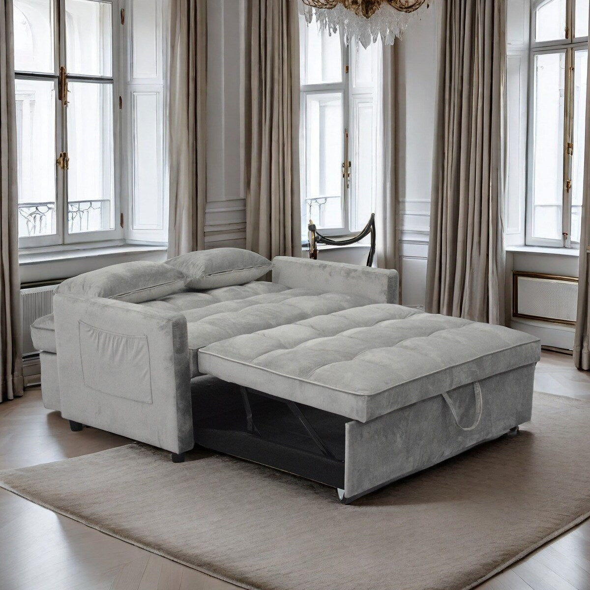 Canapé-lit convertible gris clair moderne 54,33 pouces avec dossier inclinable et support pour téléphone