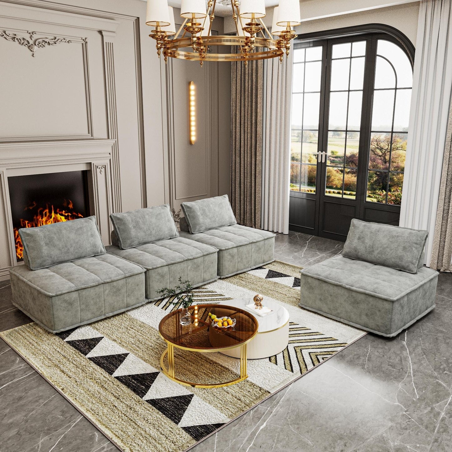 Ensemble de canapés modulaires carrés surdimensionnés gris clair 4 pièces en chenille avec coussins en mousse haute densité, combinaison libre