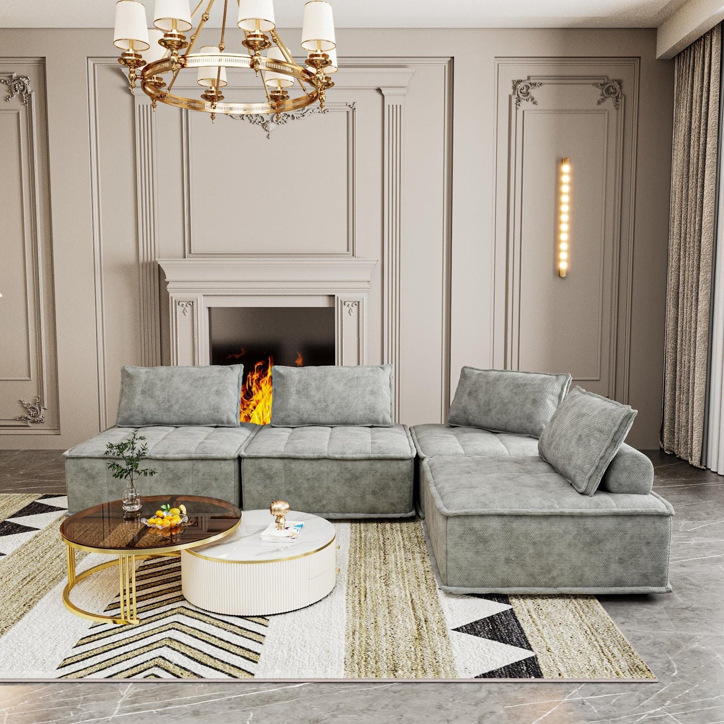 Ensemble de canapés modulaires carrés surdimensionnés gris clair 4 pièces en chenille avec coussins en mousse haute densité, combinaison libre