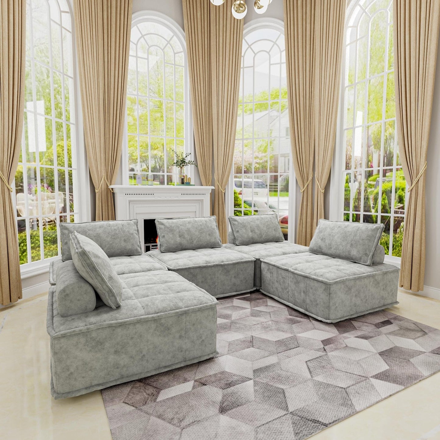 Ensemble de canapés modulaires carrés surdimensionnés gris clair 5 pièces en chenille avec coussins en mousse haute densité, combinaison libre