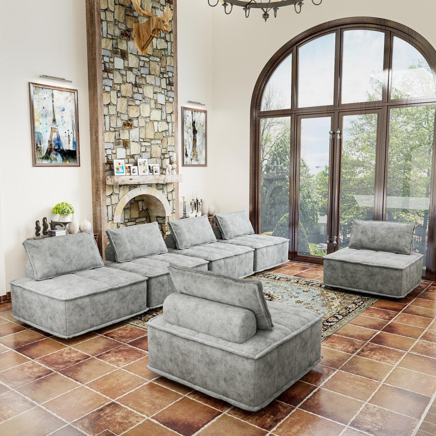 Ensemble de canapés modulaires carrés surdimensionnés gris clair 6 pièces en chenille avec coussins en mousse haute densité, combinaison libre