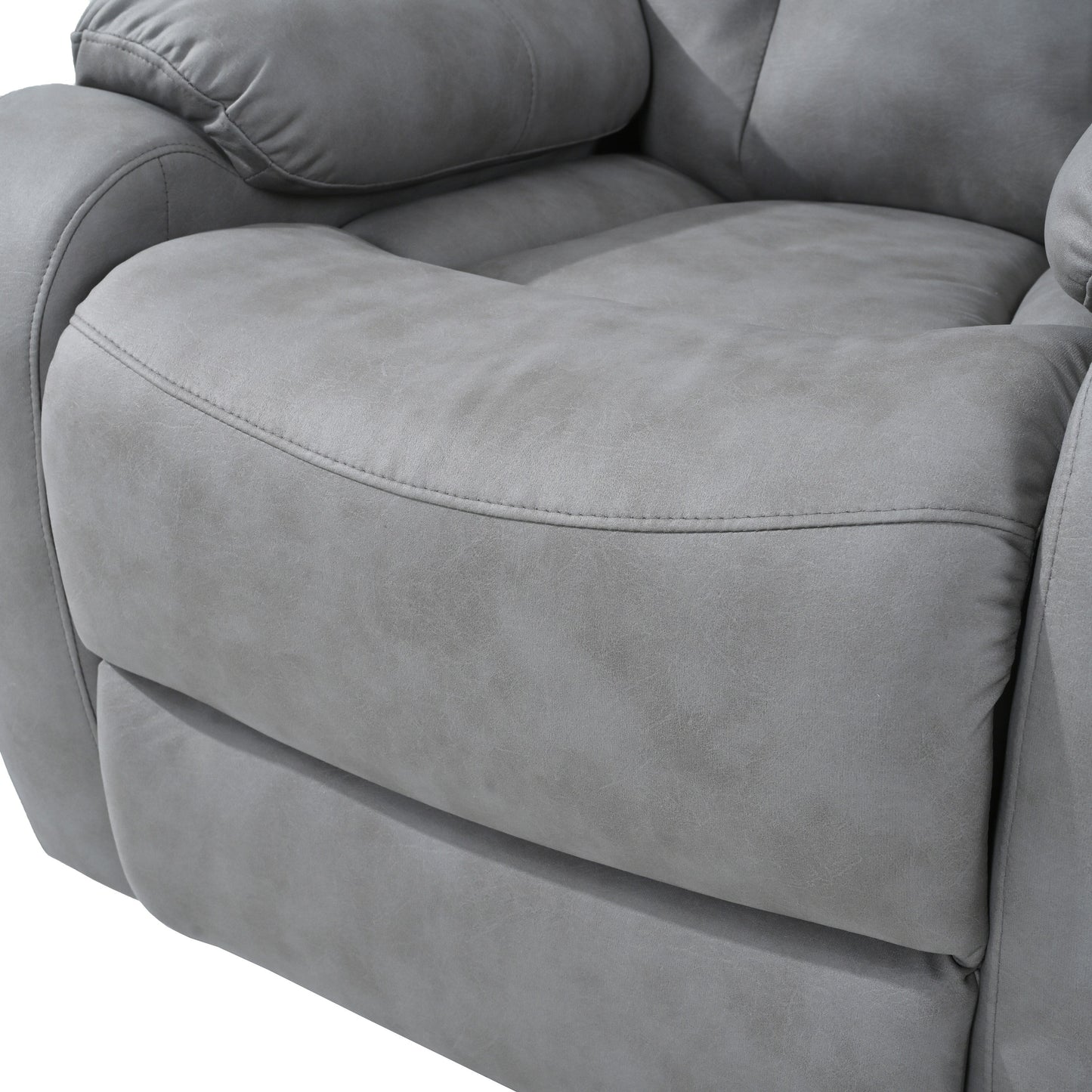 Fauteuil inclinable électrique gris clair pour personnes âgées, rembourré en polyester, avec poche latérale, accoudoirs coussinés et télécommande.