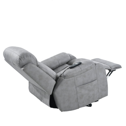 Fauteuil inclinable électrique gris clair pour personnes âgées, rembourré en polyester, avec poche latérale, accoudoirs coussinés et télécommande.