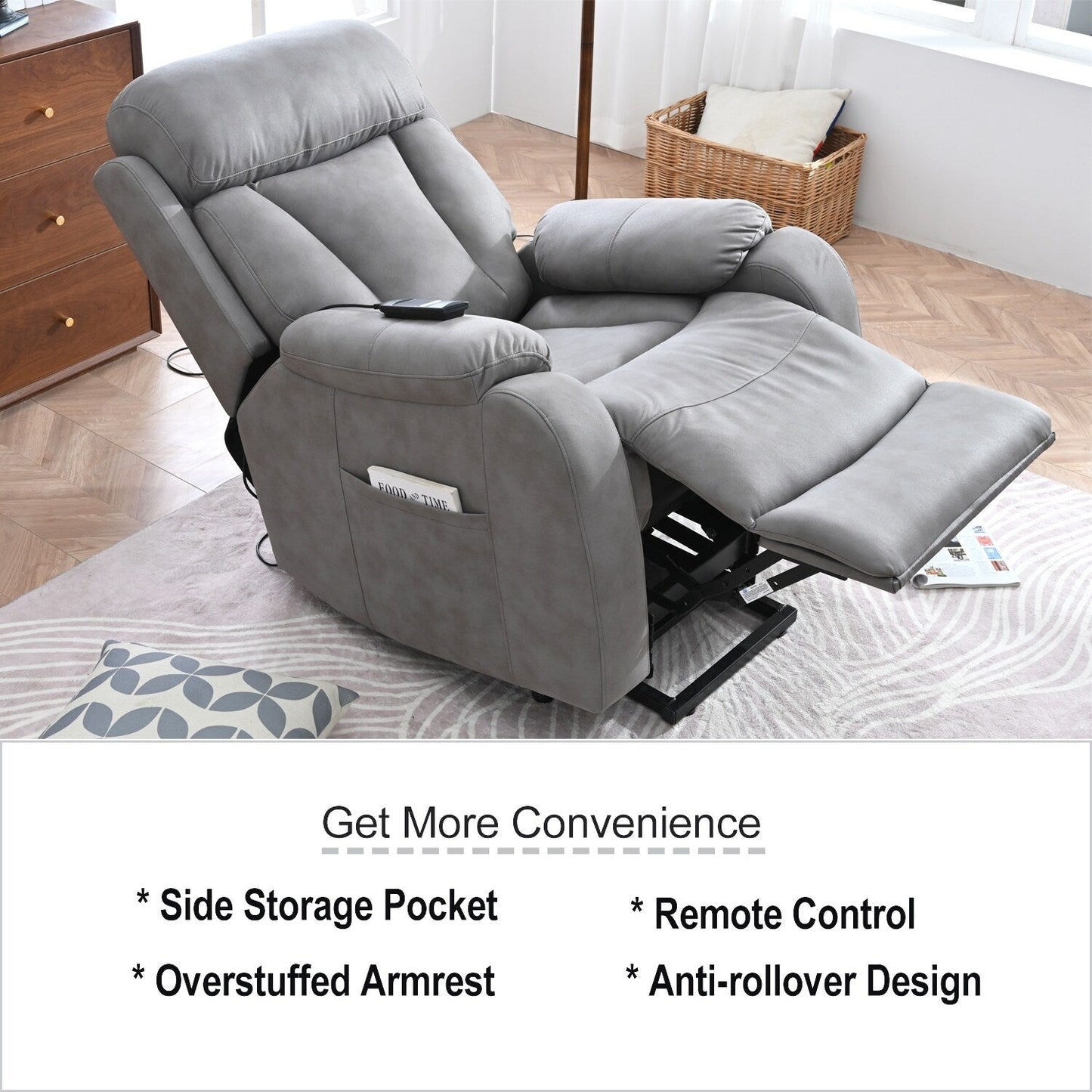 Fauteuil inclinable électrique gris clair pour personnes âgées, rembourré en polyester, avec poche latérale, accoudoirs coussinés et télécommande.