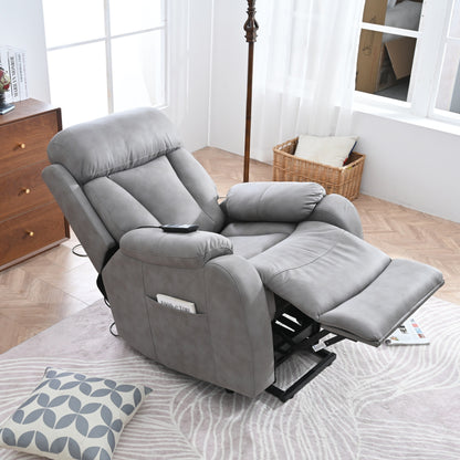 Fauteuil inclinable électrique gris clair pour personnes âgées, rembourré en polyester, avec poche latérale, accoudoirs coussinés et télécommande.